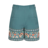 Amara Blue embrodiered shorts with indian inspired embroidery along the hem
