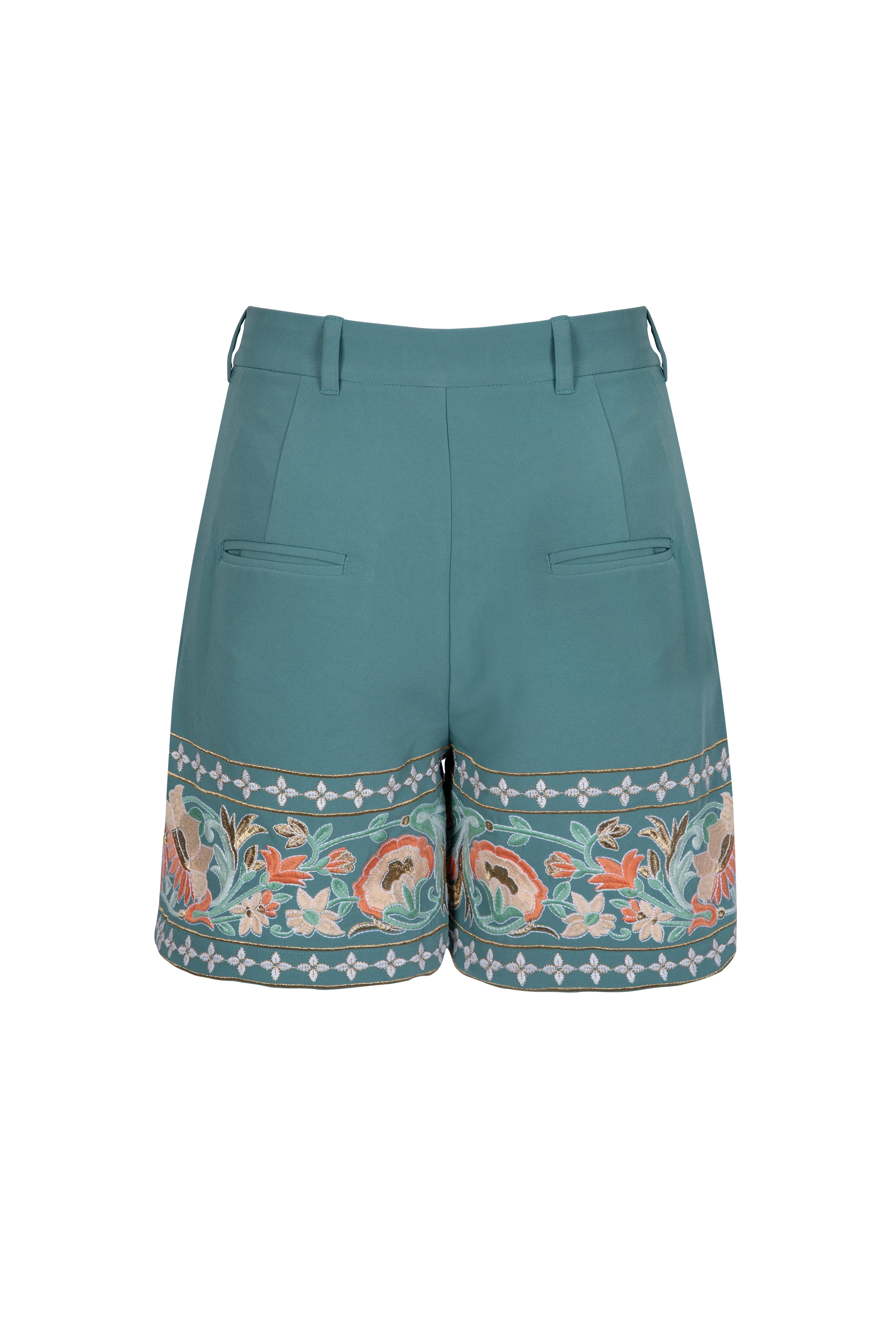 Amara Blue embrodiered shorts with indian inspired embroidery along the hem