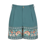 Amara Blue embrodiered shorts with indian inspired embroidery along the hem