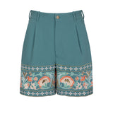 Amara Blue embrodiered shorts with indian inspired embroidery along the hem