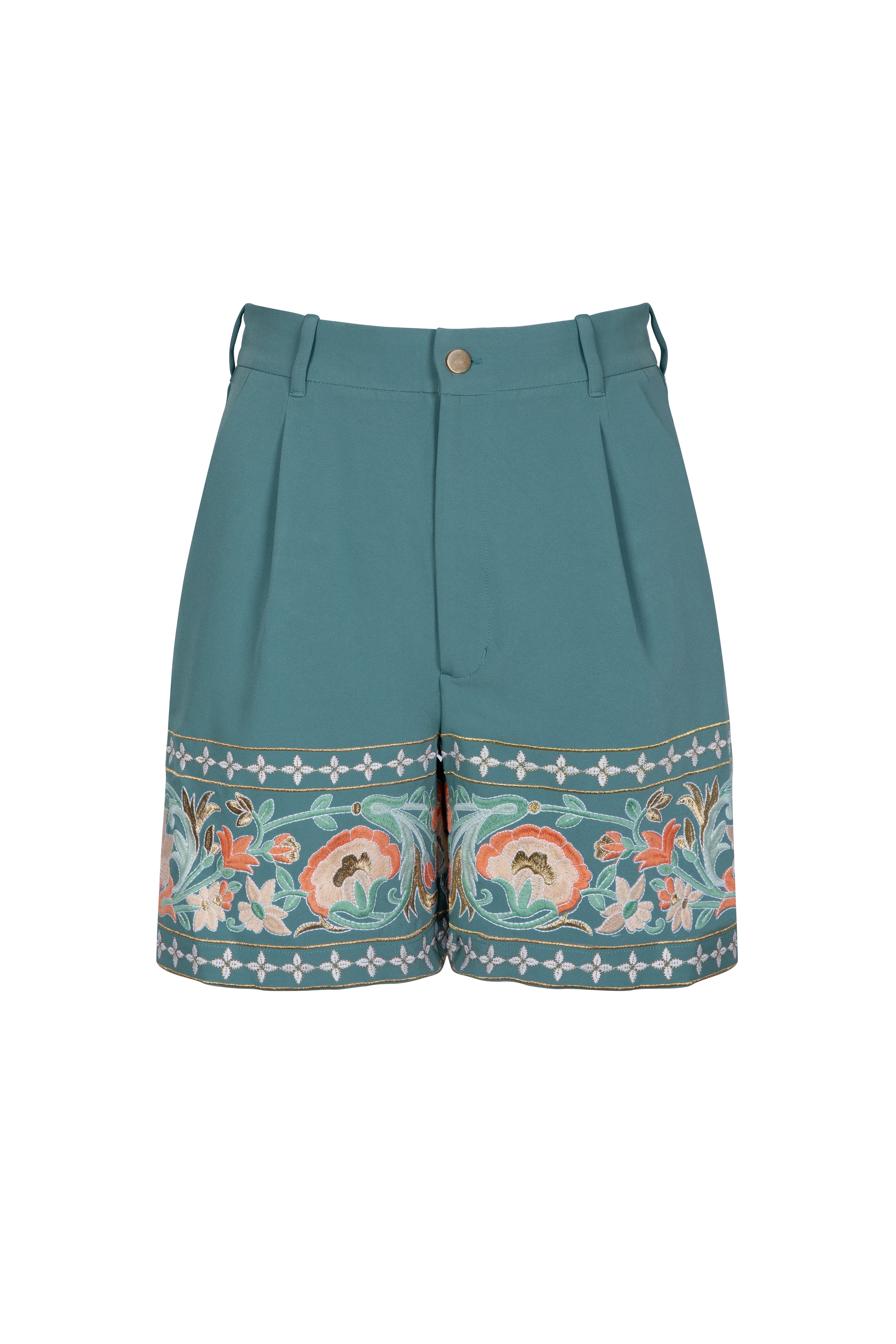 Amara Blue embrodiered shorts with indian inspired embroidery along the hem