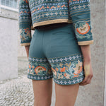 Amara Blue embrodiered shorts with indian inspired embroidery along the hem