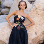 Freya Strapless Midi Dress in navy with embroidered floral design