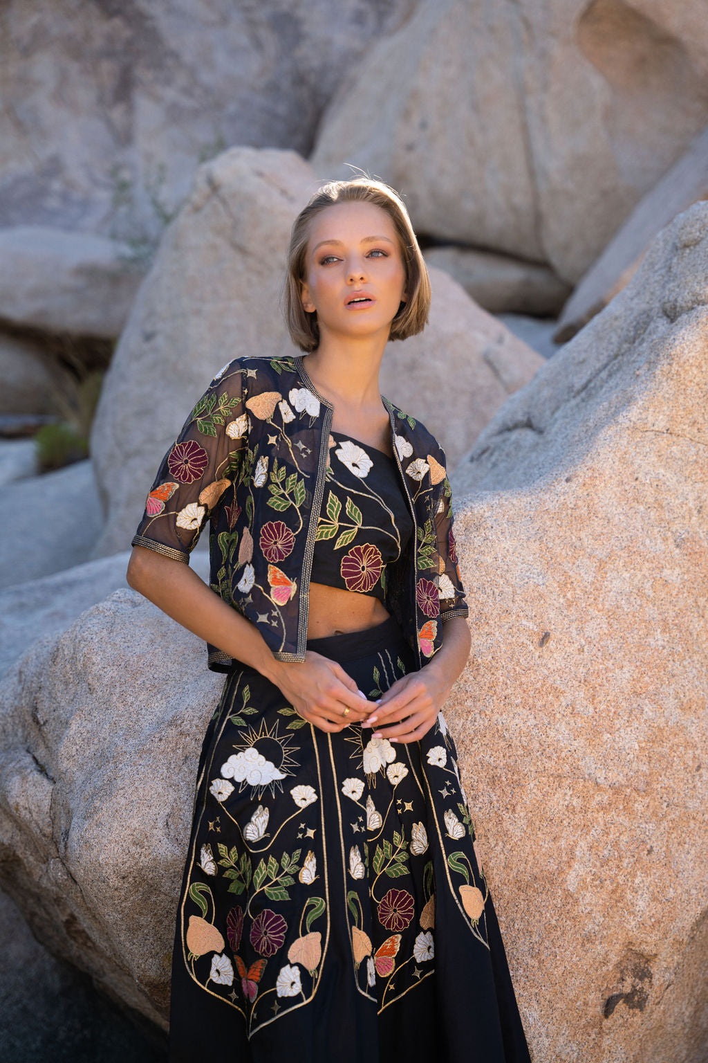 Black bralette with floral embroidery design