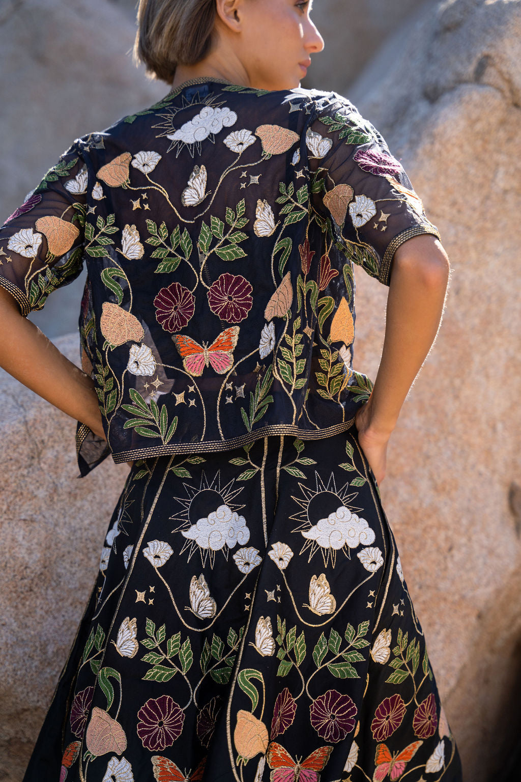 Embroidered sheer jacket with cropped sleeves