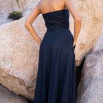 Freya Strapless Midi Dress in navy with embroidered floral design