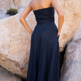 Freya Strapless Midi Dress in navy with embroidered floral design