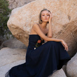 Freya Strapless Midi Dress in navy with embroidered floral design