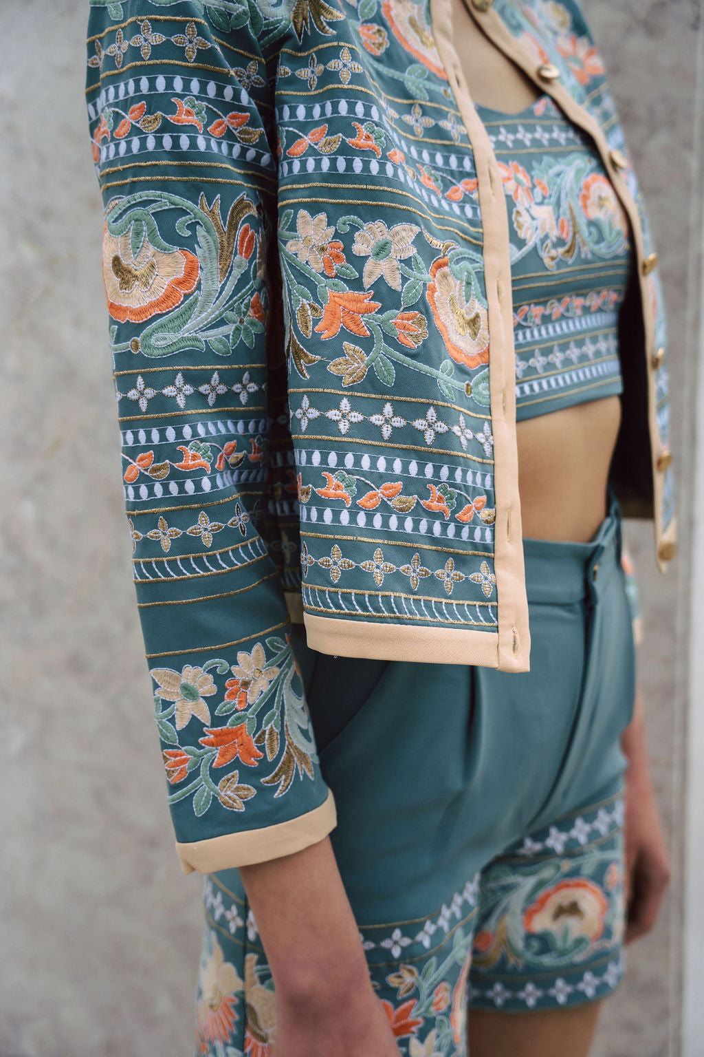 Amara blue fully embrodiered jacket with indian inspired embrodiery design