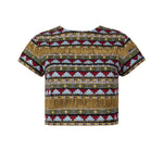 Short sleeve cotton top with geometric embrodiery, metallic beading and gold chain fringe detail
