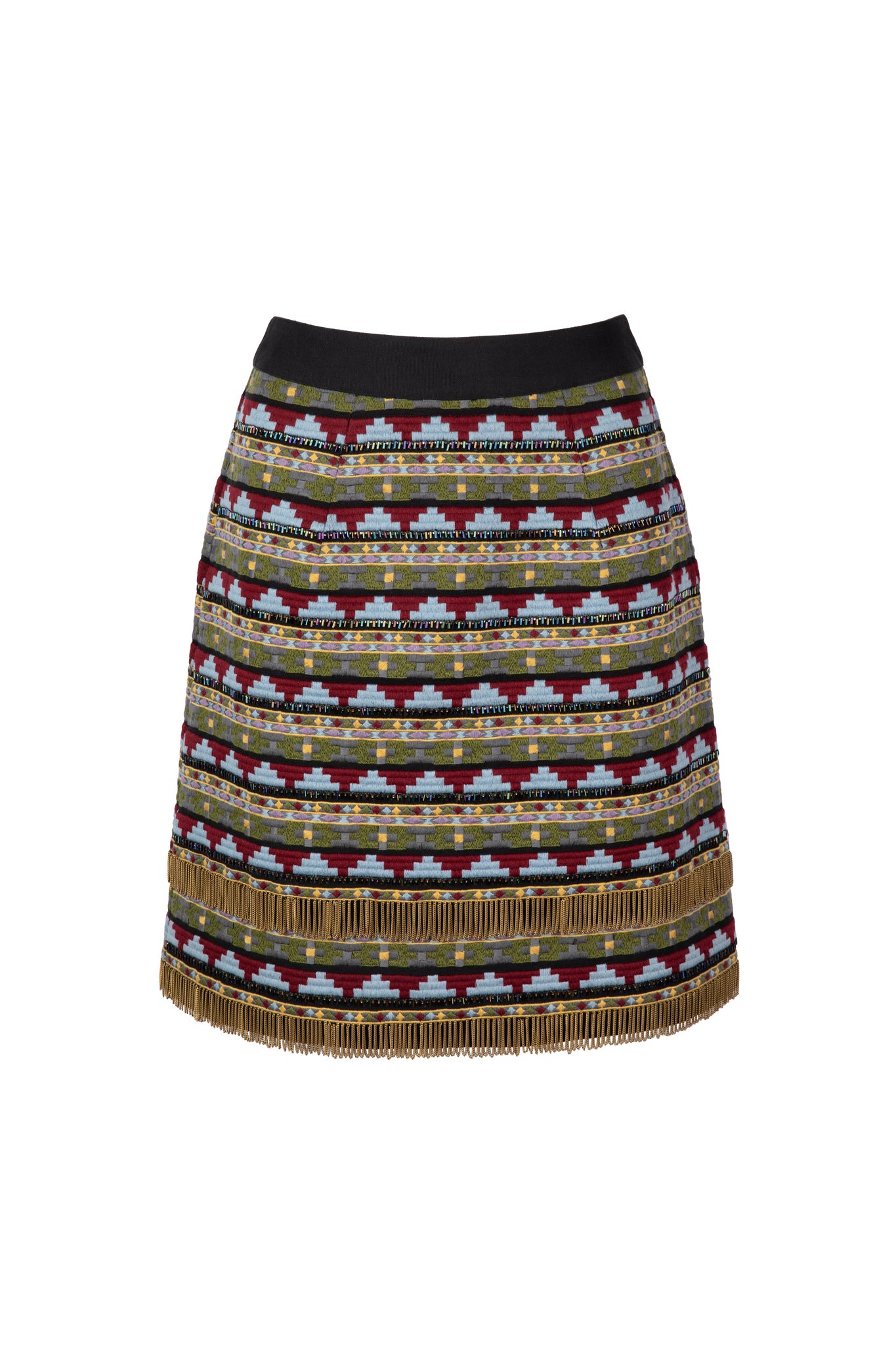 A-line skirt with geometric embroidery design, metallic beads and gold chain fringe