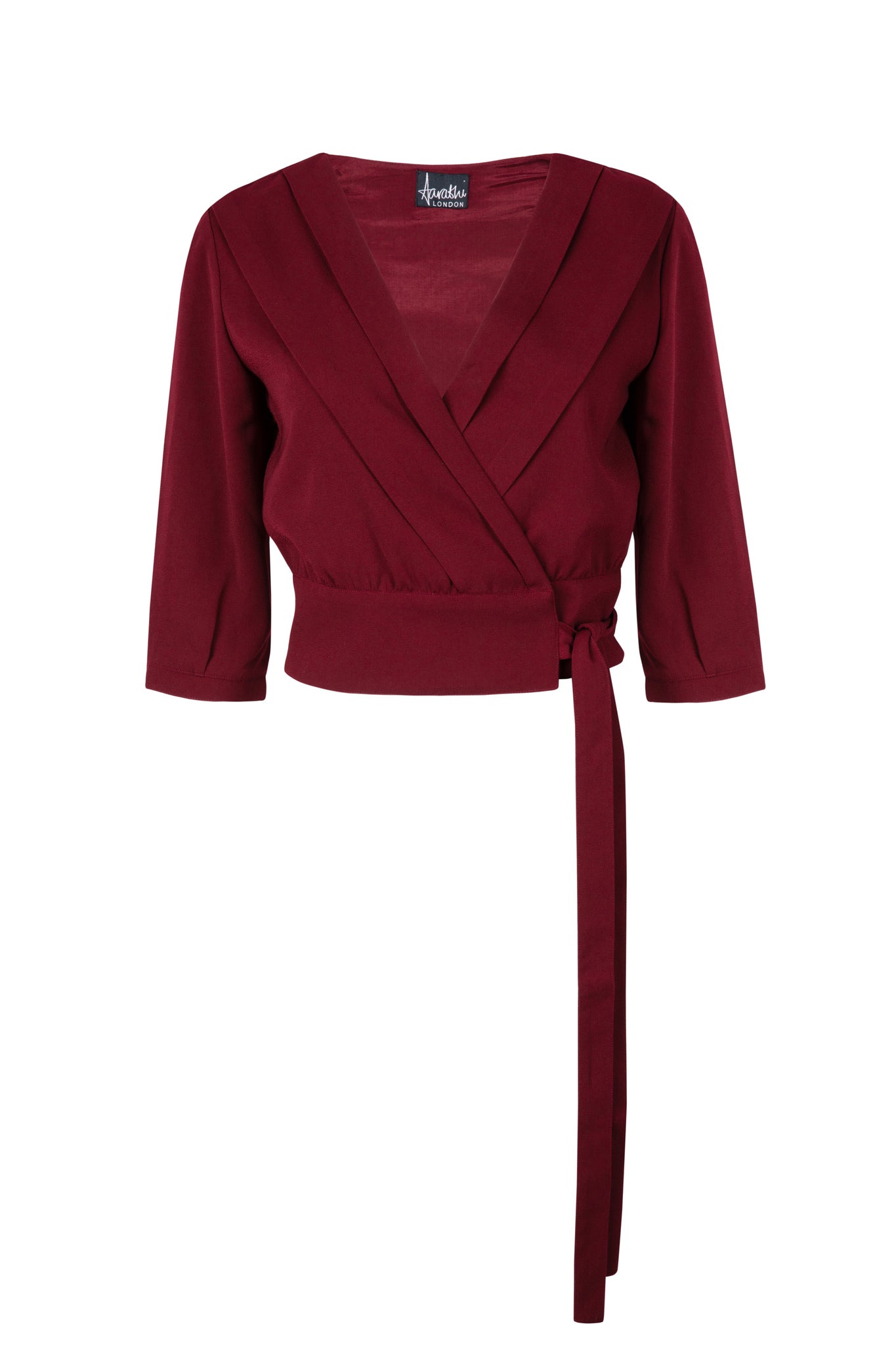 Pleated maroon shirt with tied waist and sleeves