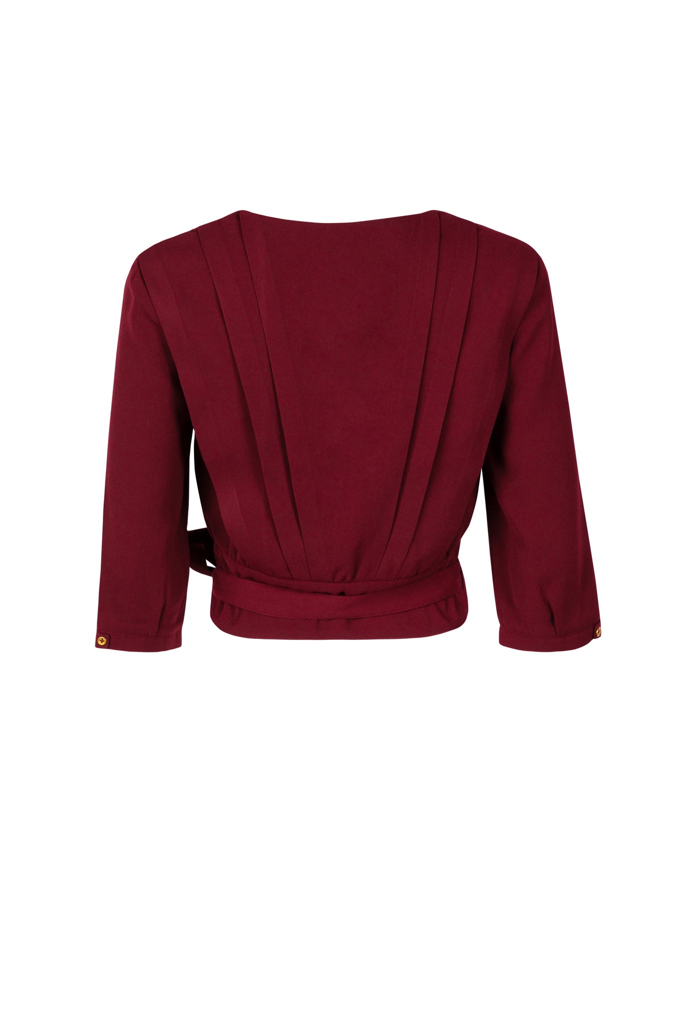 Back view of pleated maroon shirt with sleeves