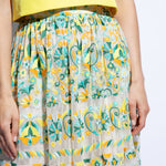 Close up of bright and colourful floral embroidery detail on skirt
