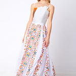 Colorful embellished white box pleated maxi skirt with pleated top