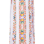 Back view of white maxi box pleat skirt with colorful embellishment detail