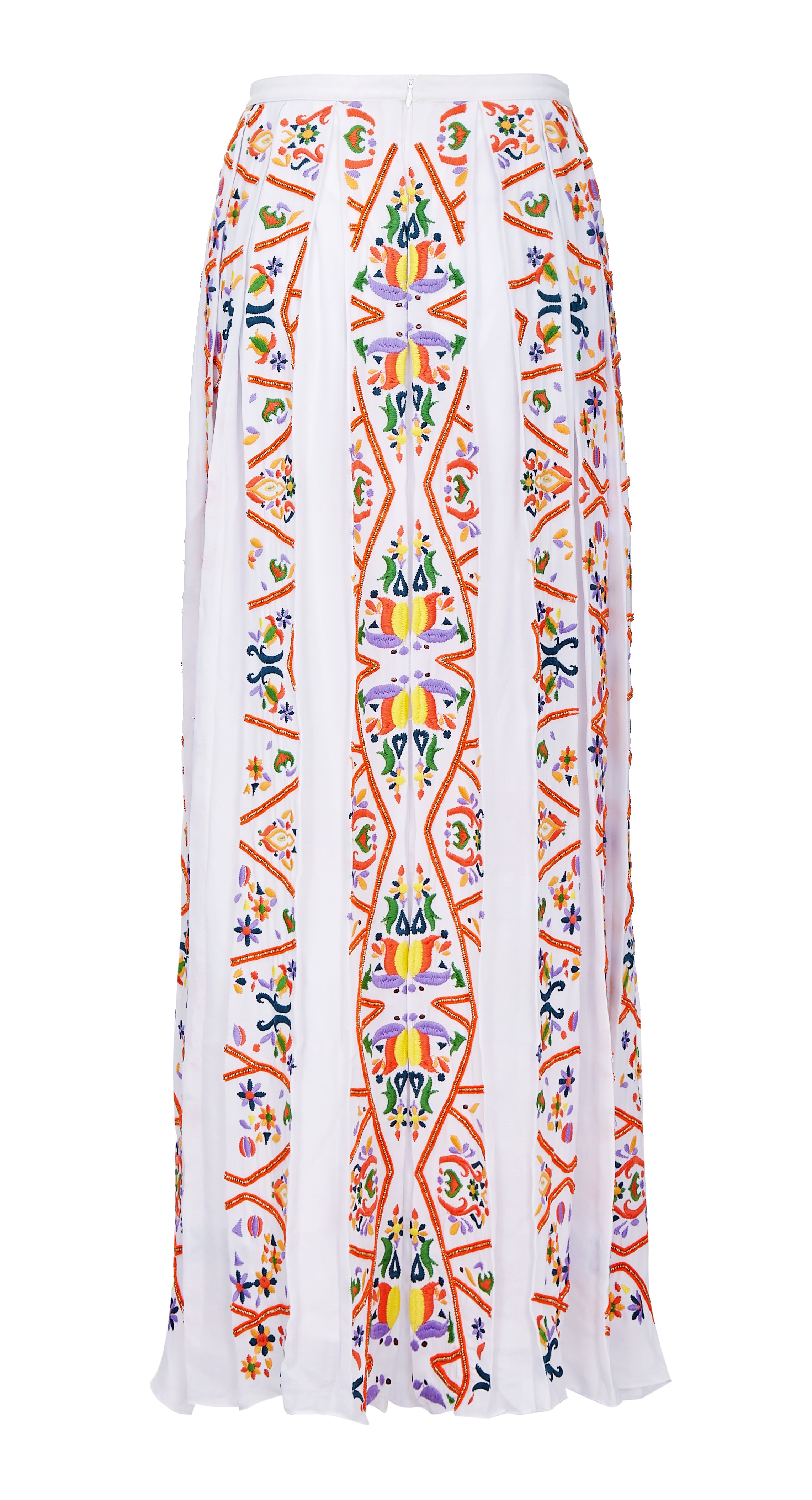 Back view of white maxi box pleat skirt with colorful embellishment detail