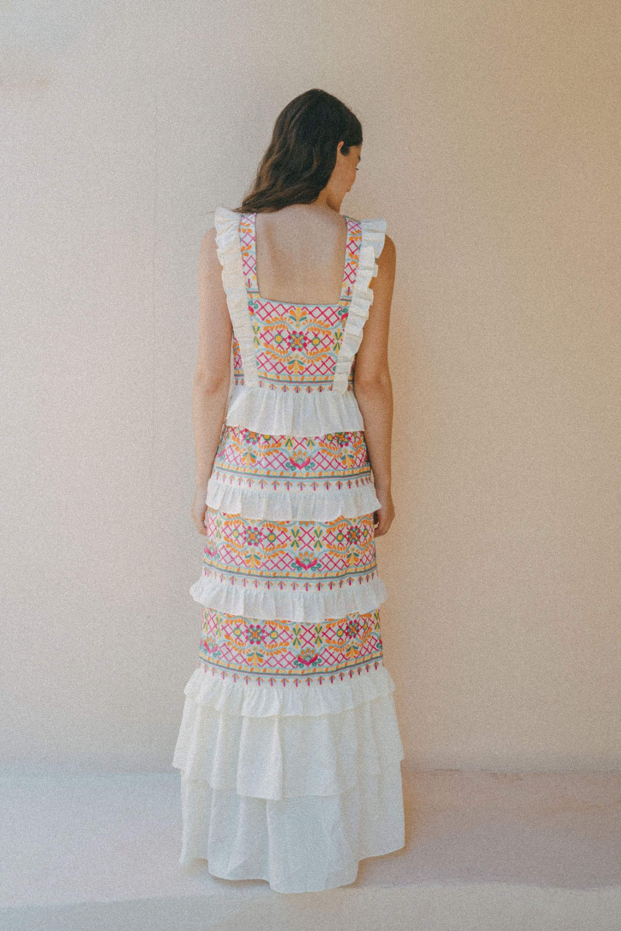 back of colourful embroidered maxi dress