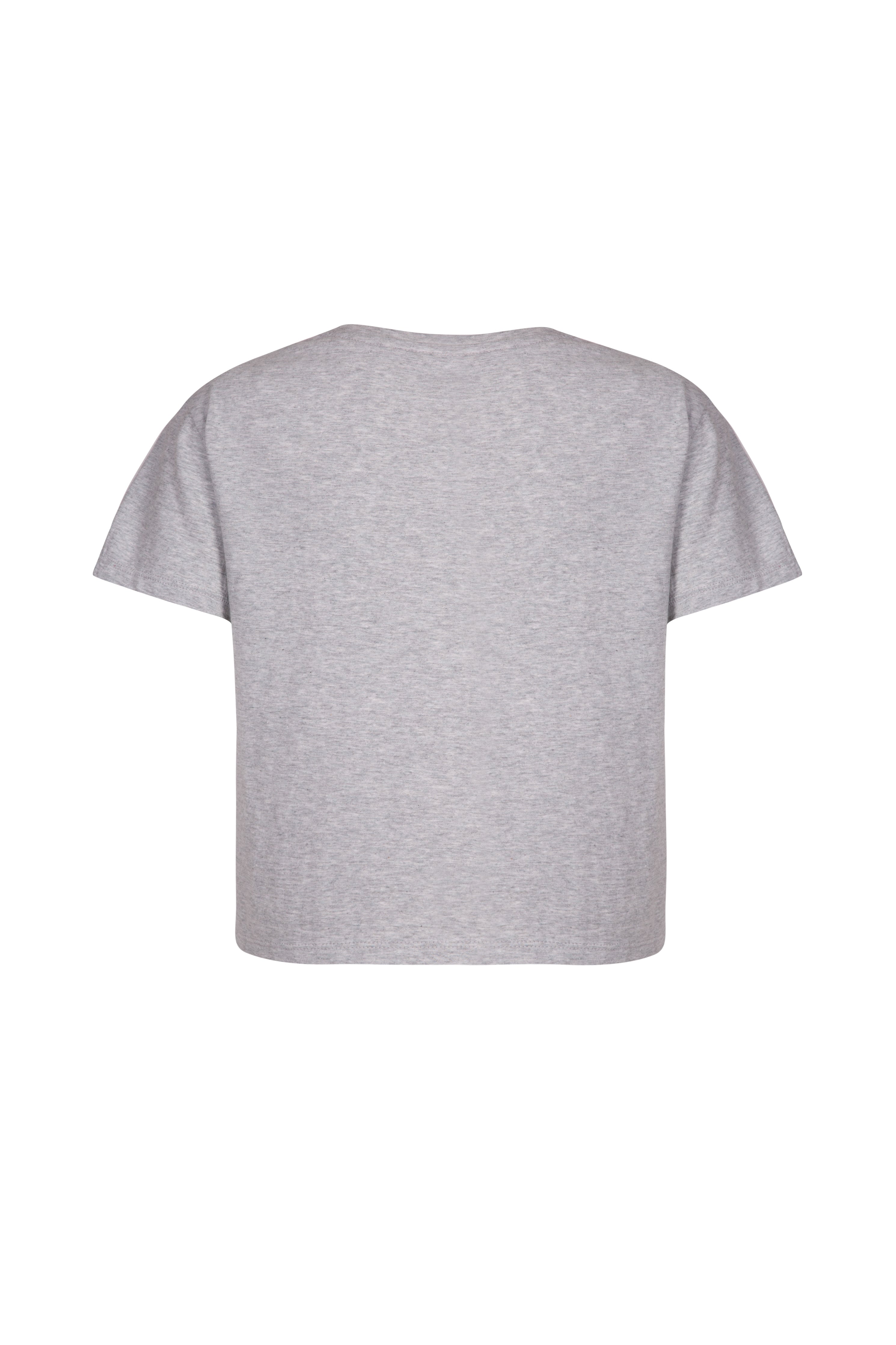 Back of grey organic cotton boxy fit women's T-shirt