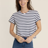 The Box Navy Striped T-shirt made from Deadstock Fabrics
