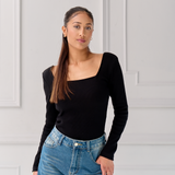 The Kōr Ribbed Knit Organic Cotton Long Sleeve Top in Black