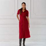 The Kōr Organic Cotton Ribbed Knit Shirt Dress in Merlot