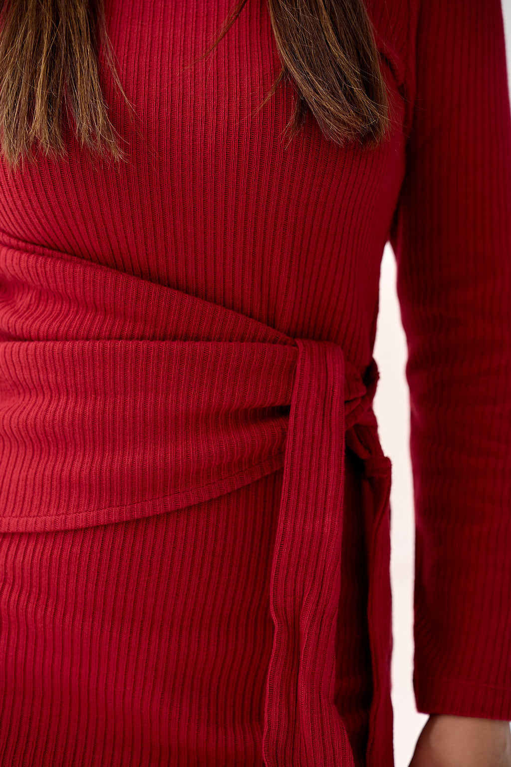 The Kōr Organic Cotton Ribbed Knit Tied Dress in Merlot
