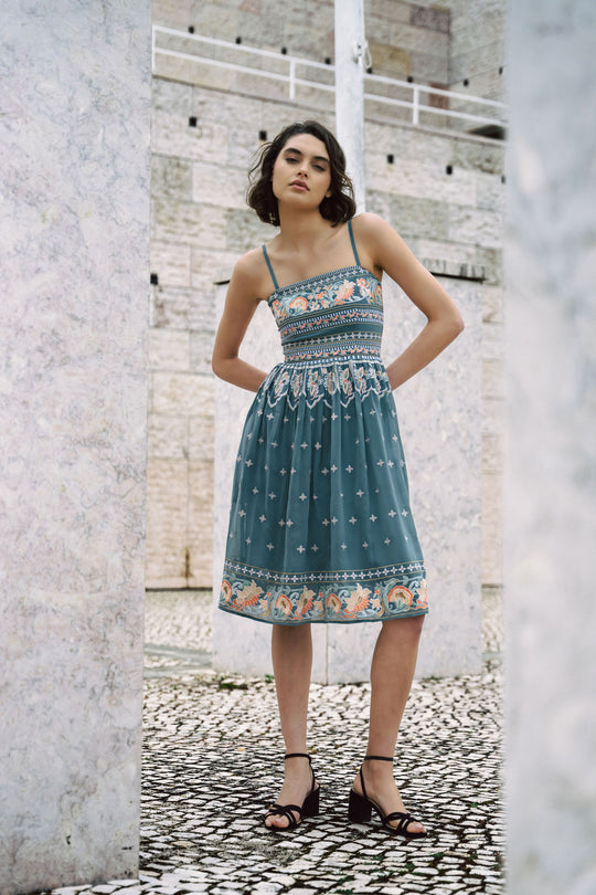 Amara Embroidered Tie-Waist Top (Blue Stripe)