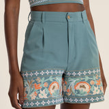 Amara Embroidered Blue Tailored Shorts