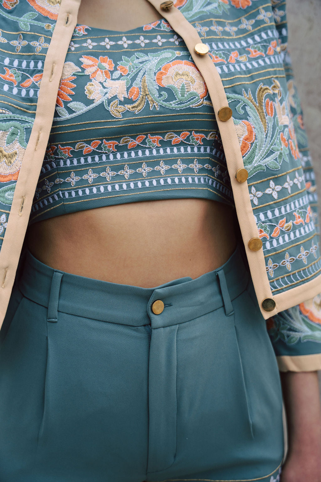 Amara blue fully embroidered jacket with indian inspired embroidery design