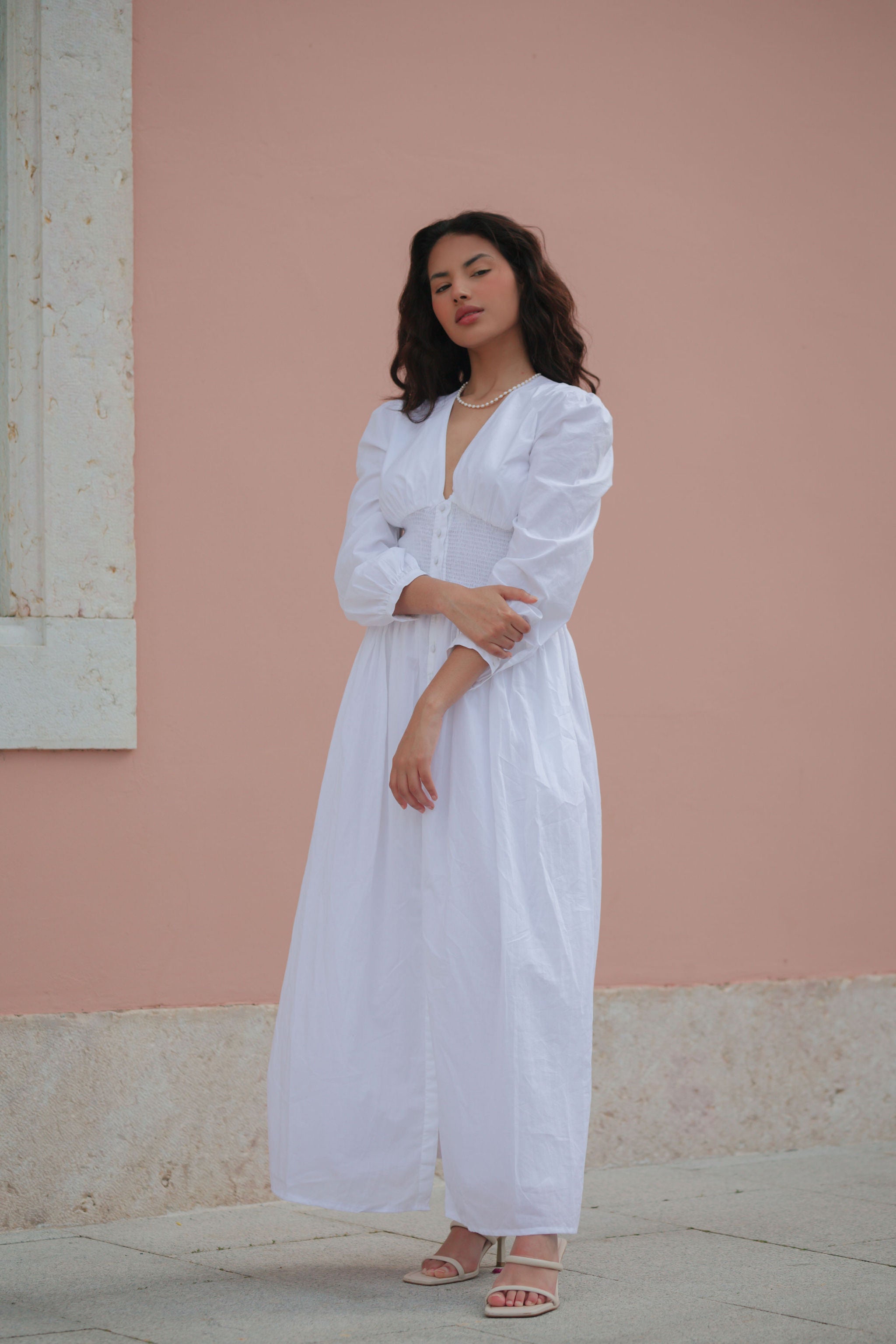The Organic Cotton Midi Shirt Dress With Pockets In White, Aarabhi London