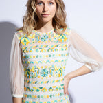 Close up of embroidered sheer summer dress with sleeves