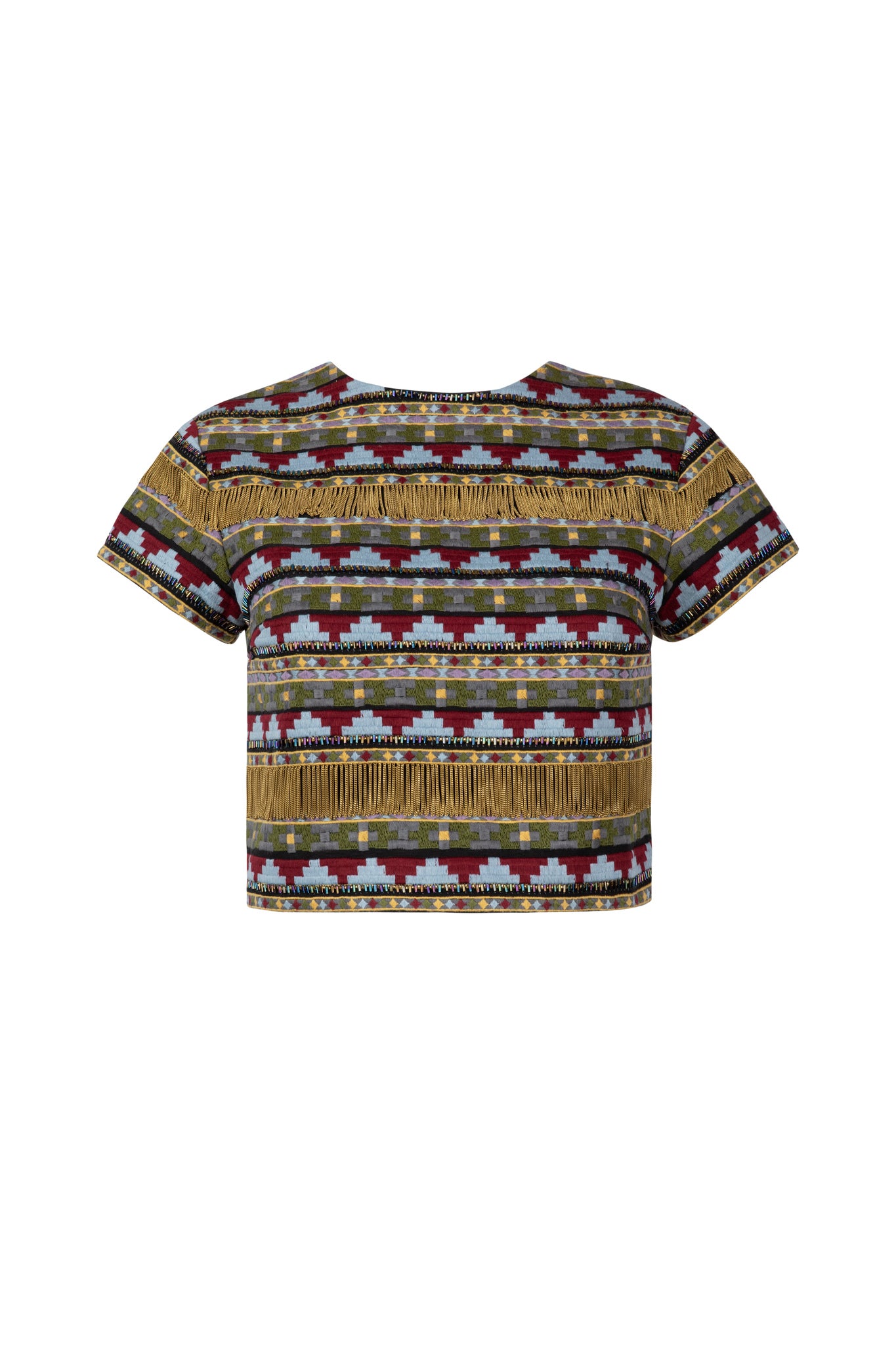 Short sleeve cotton top with geometric embrodiery, metallic beading and gold chain fringe detail