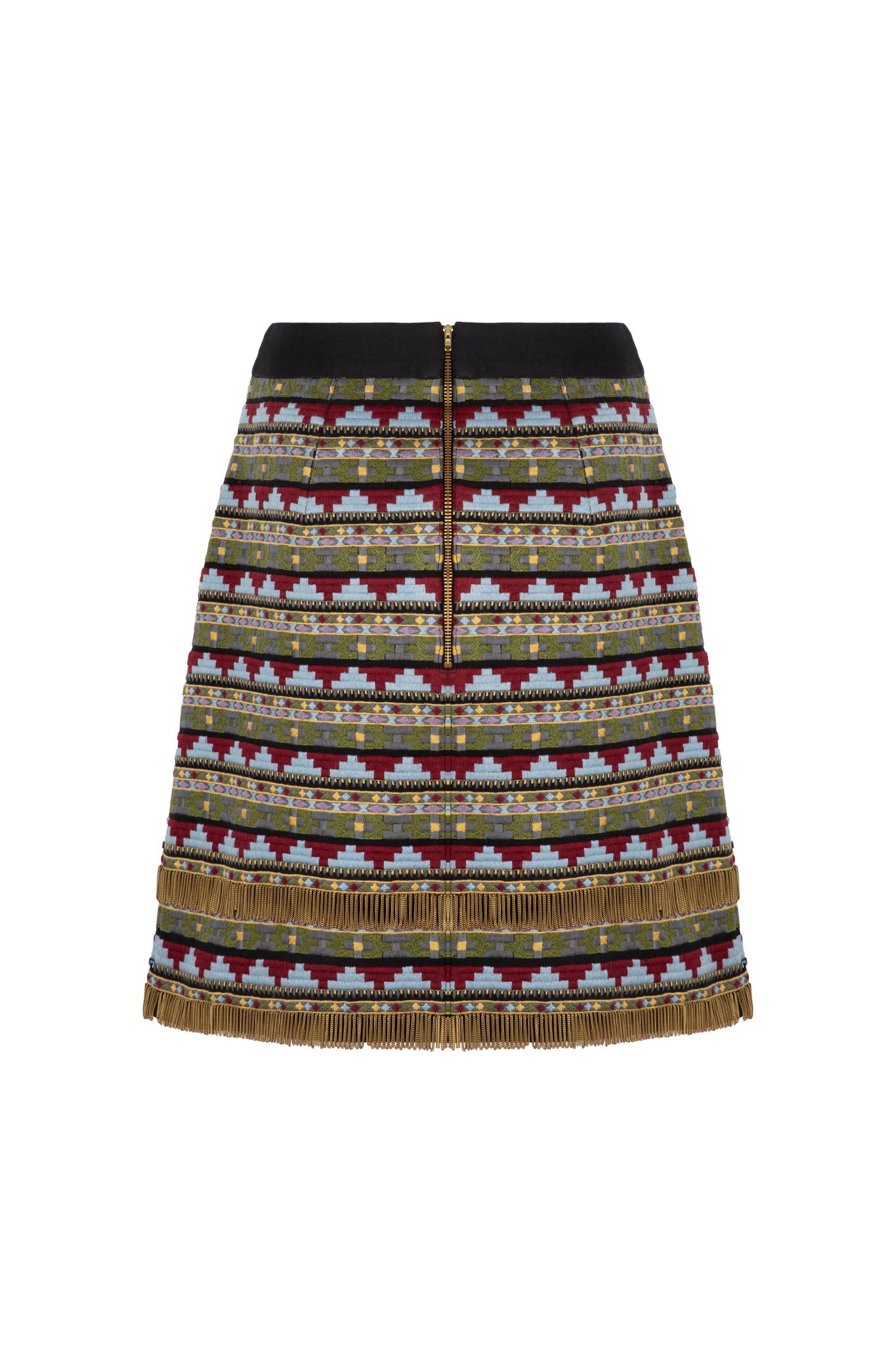 Back view of A-line embellished skirt with waistband and zip detail