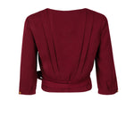 Back view of pleated maroon shirt with sleeves