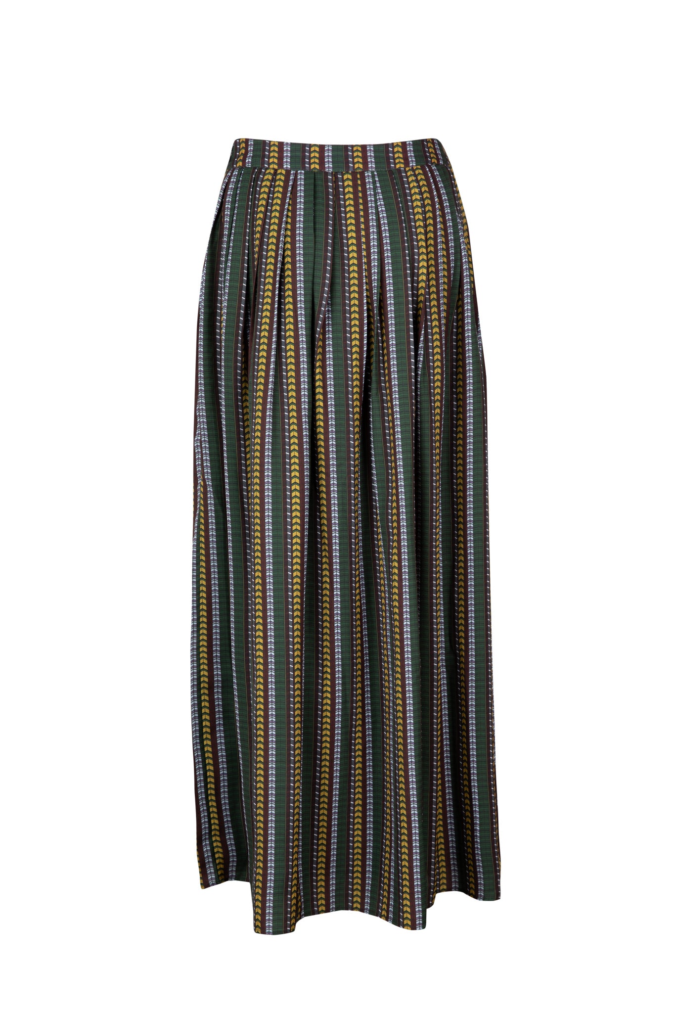 Back view of pleated printed maxi skirt