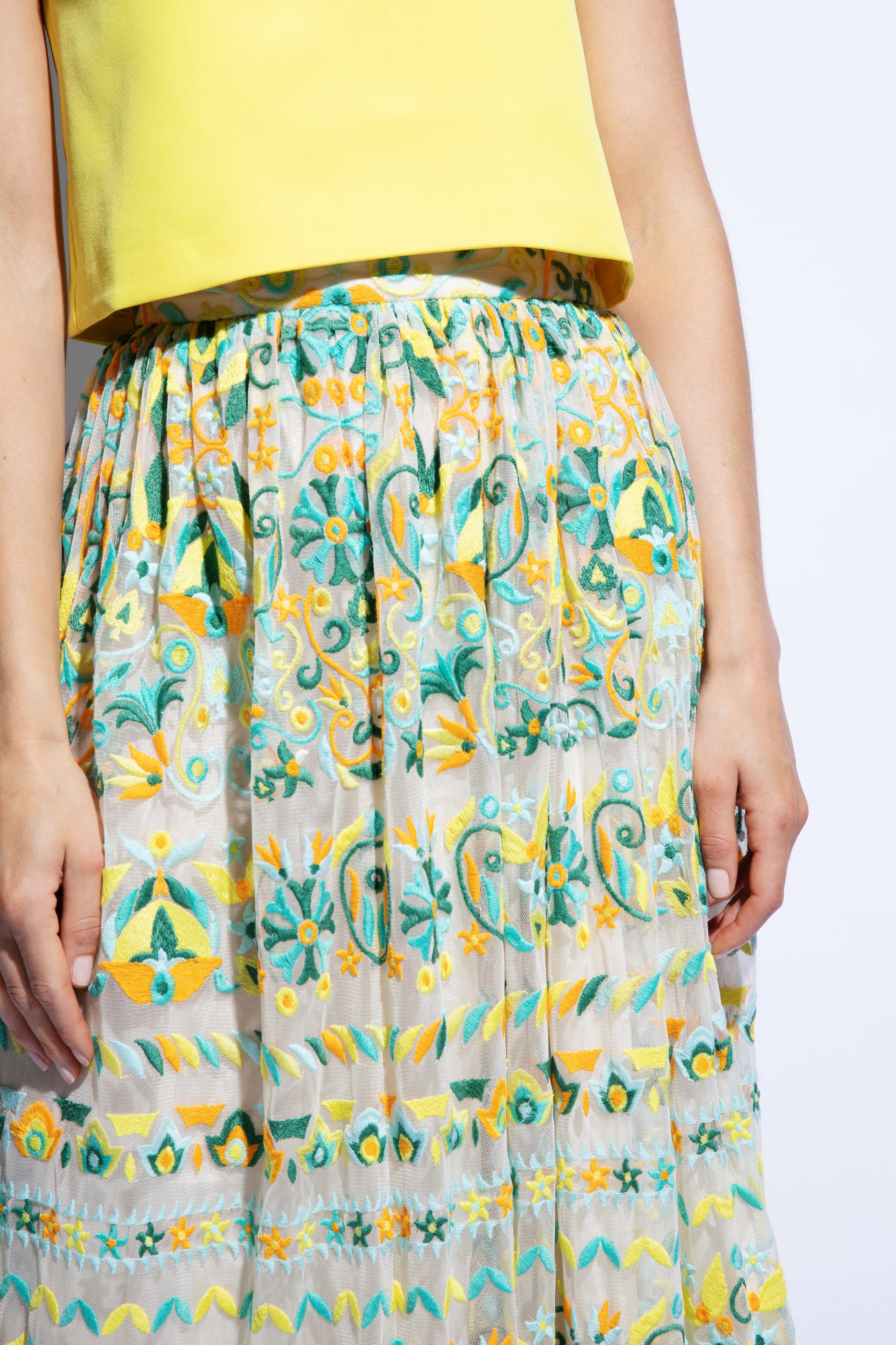 Close up of bright and colourful floral embroidery detail on skirt