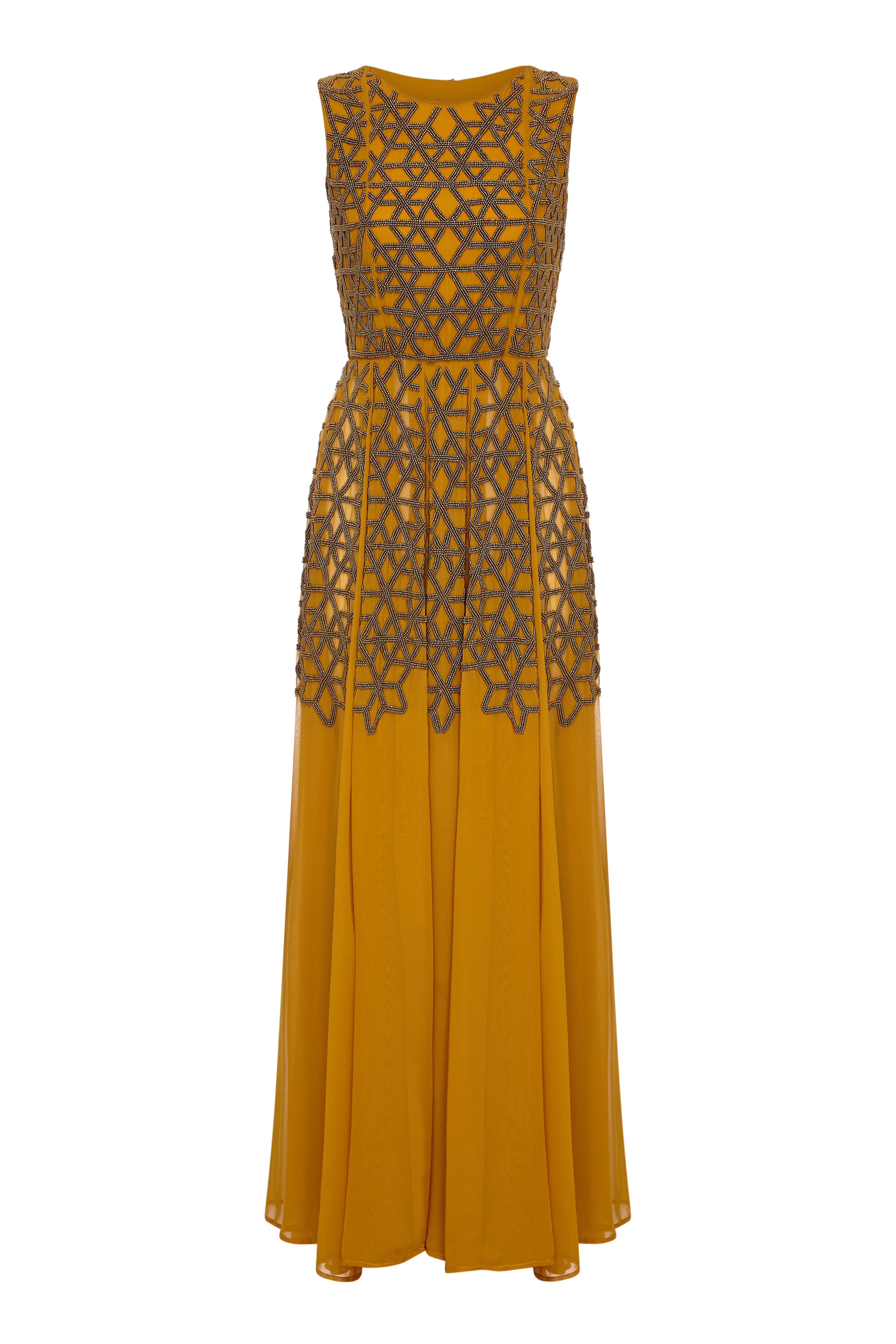 MEHRAULI BEADED MUSTARD DRESS - Aarabhi