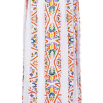 Back view of white maxi box pleat skirt with colorful embellishment detail