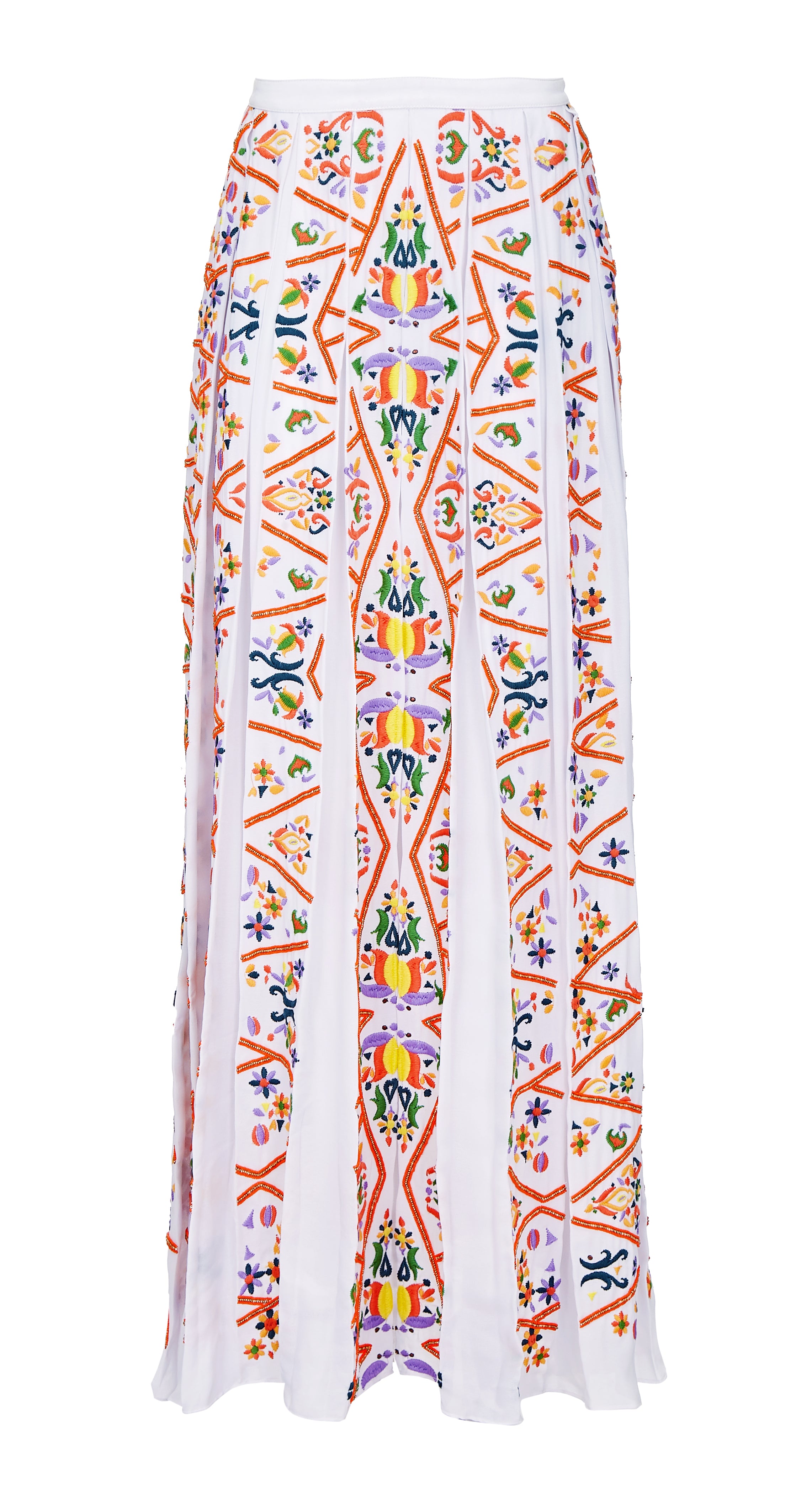 White box pleat chiffon maxi skirt with bright embellishment detail