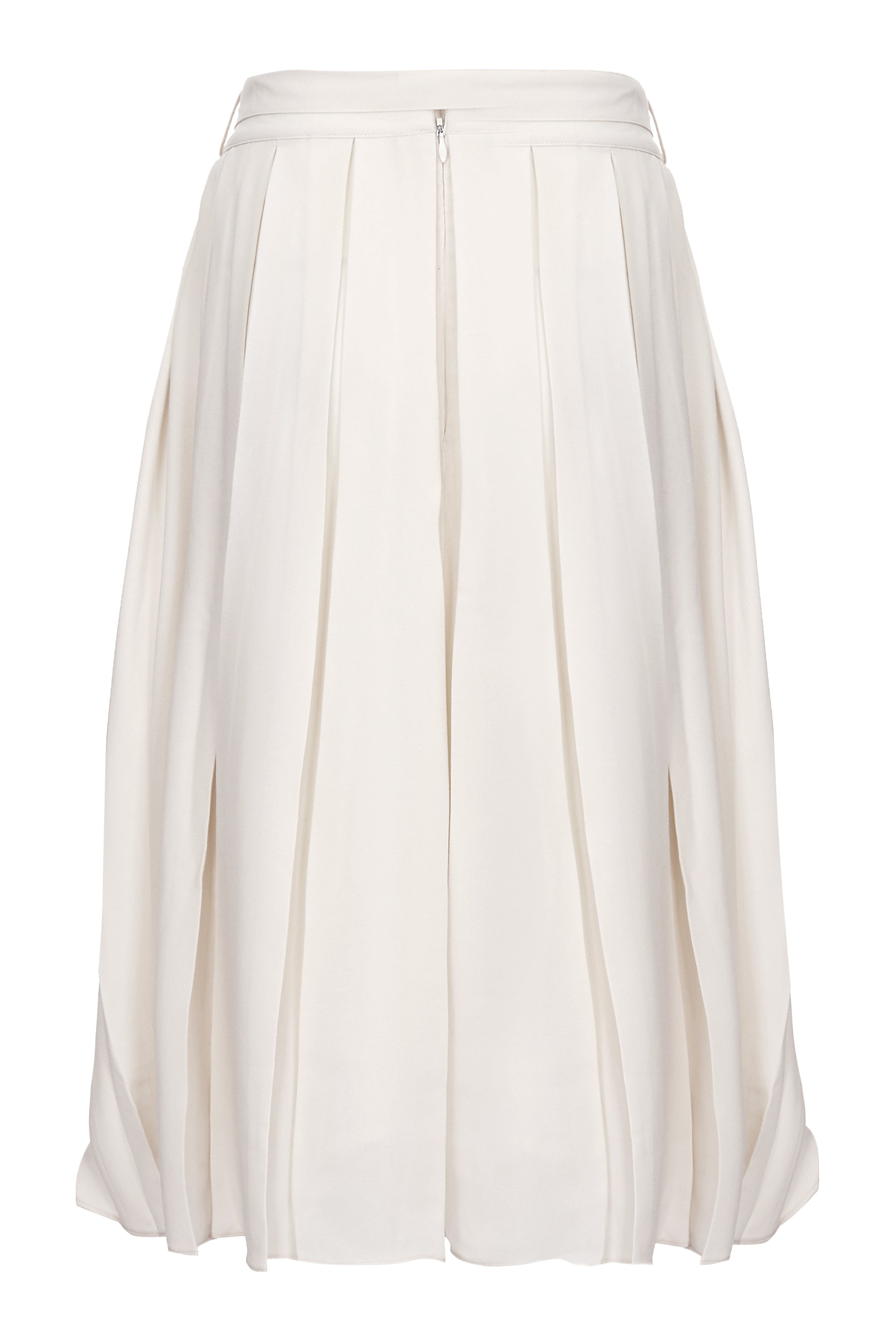 Back view of box pleated flared white skirt with belt