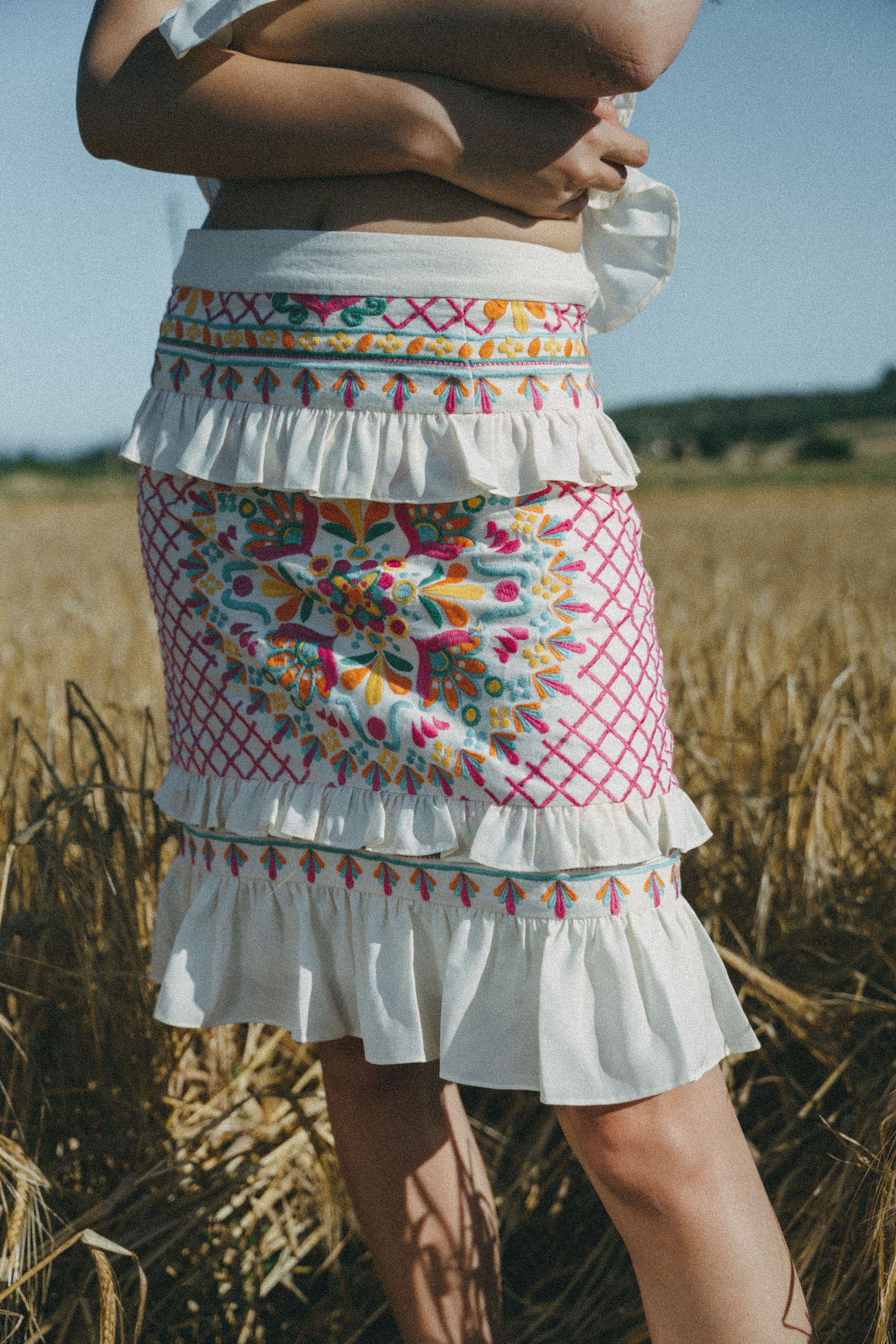 Embroidered colourful a-line skirt with white frill