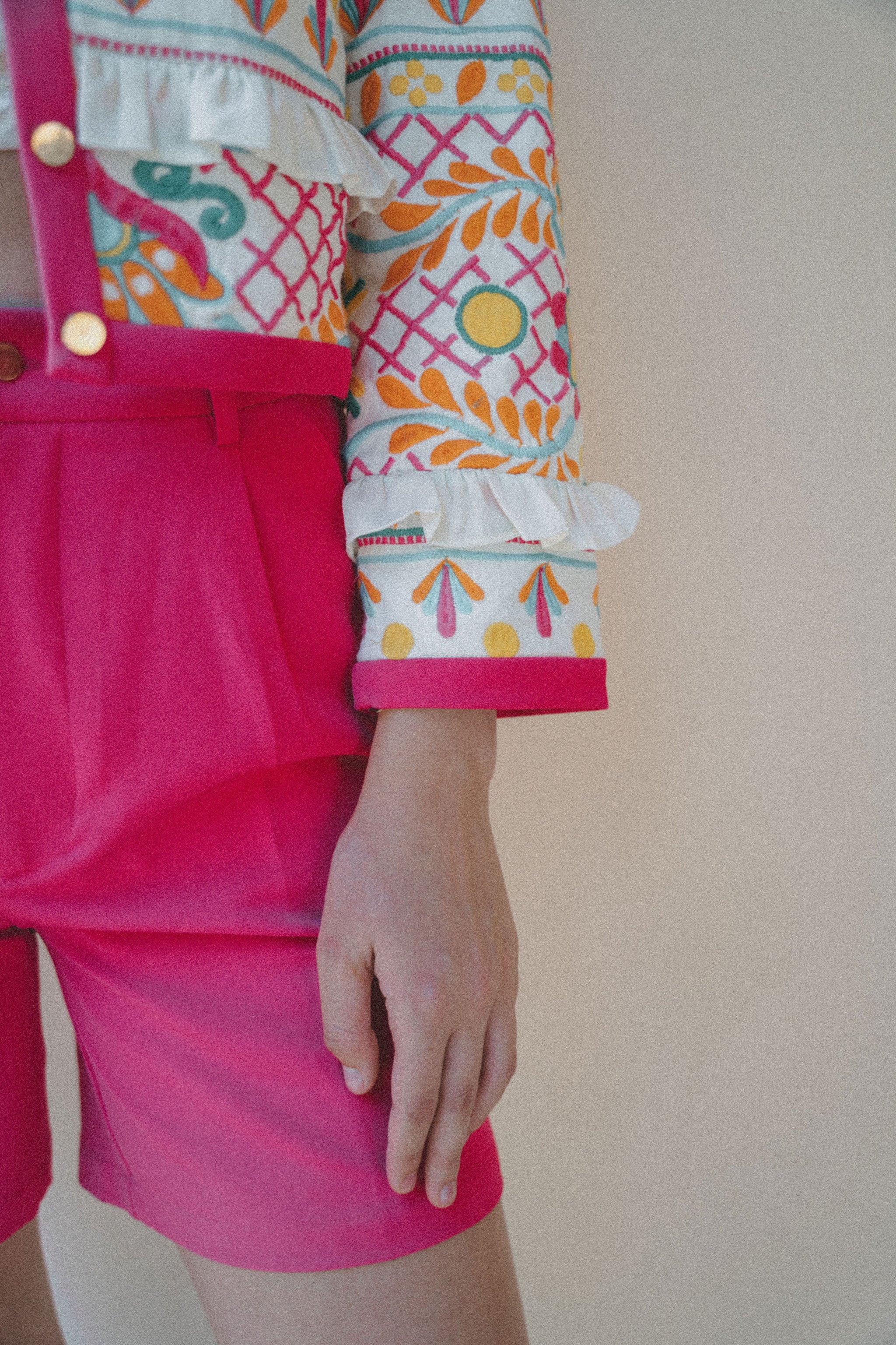 close up of embroidered sleeve on jacket