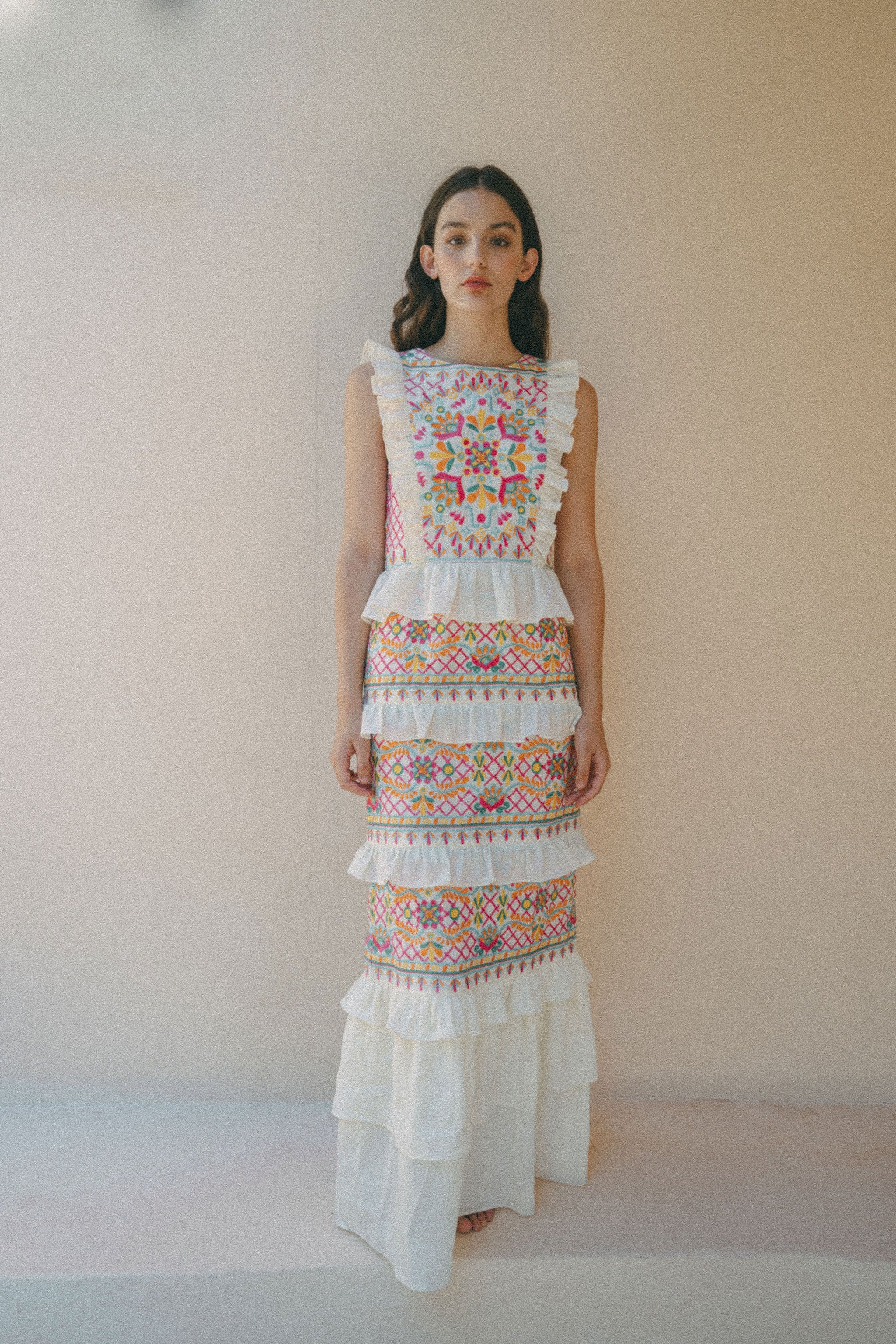 Colourful embroidered maxi dress, wedding guest outfit