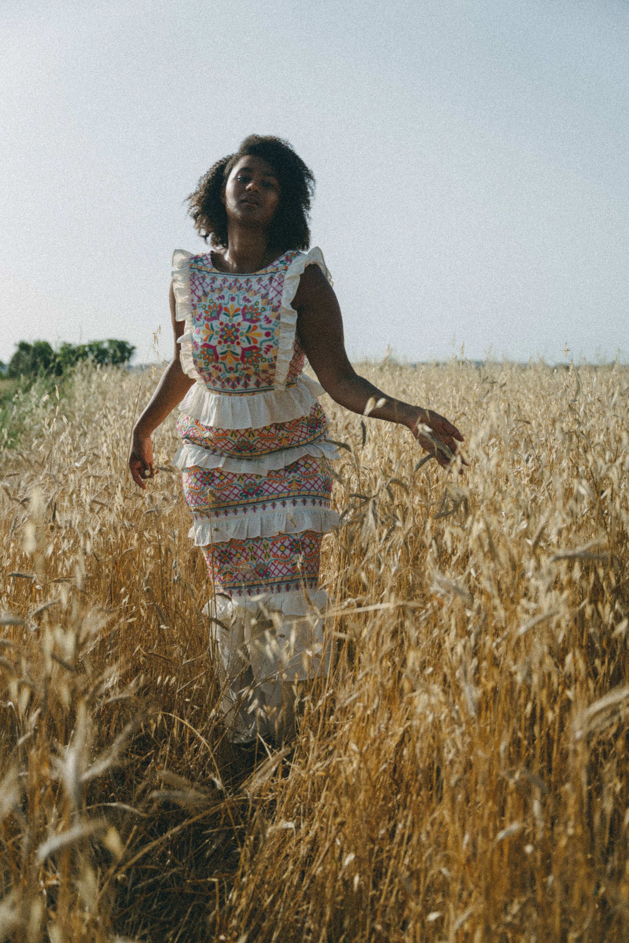 Colourful embroidered maxi dress, wedding guest outfit