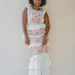 Colourful embroidered maxi dress, wedding guest outfit