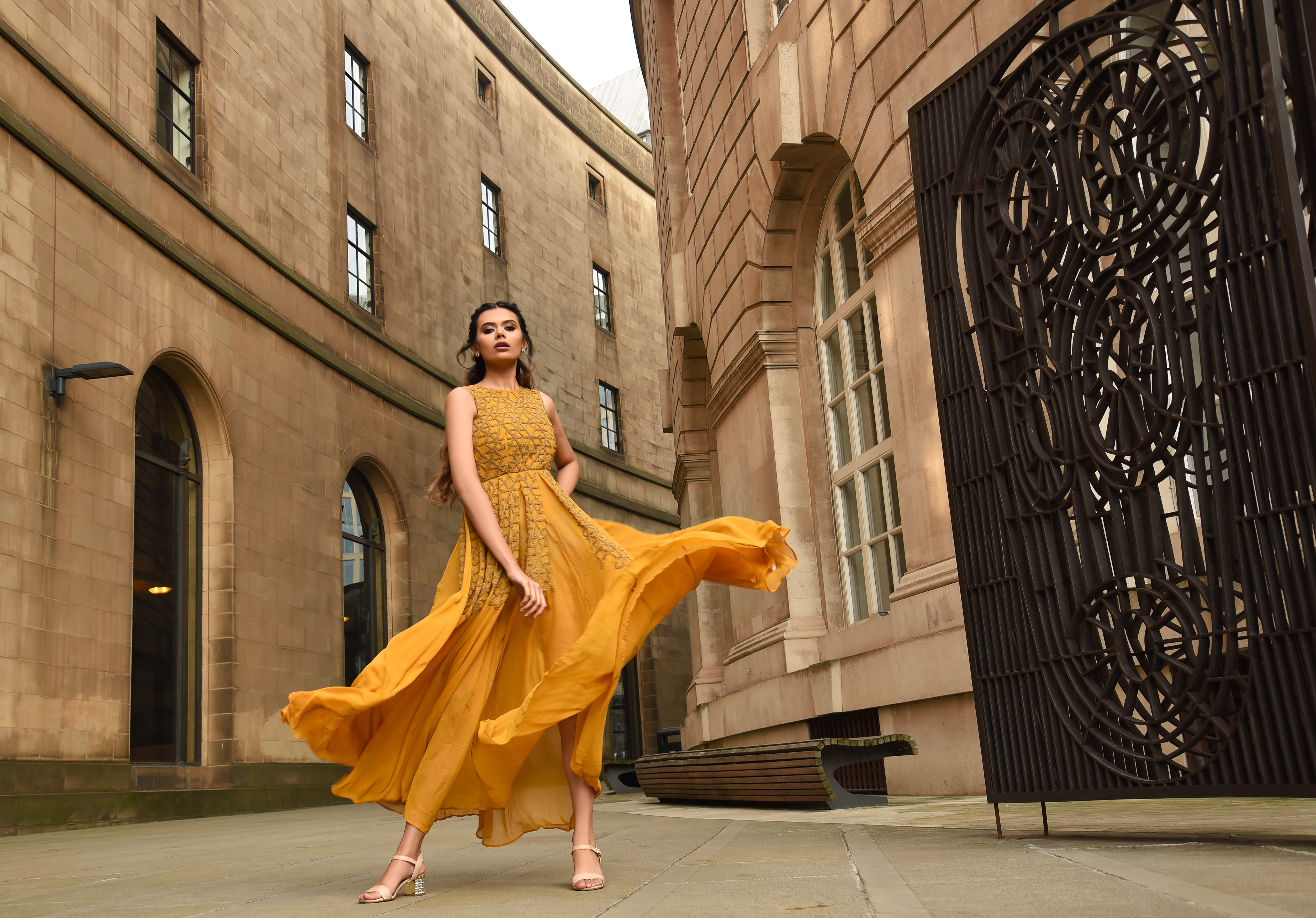 MEHRAULI BEADED MUSTARD DRESS - Aarabhi