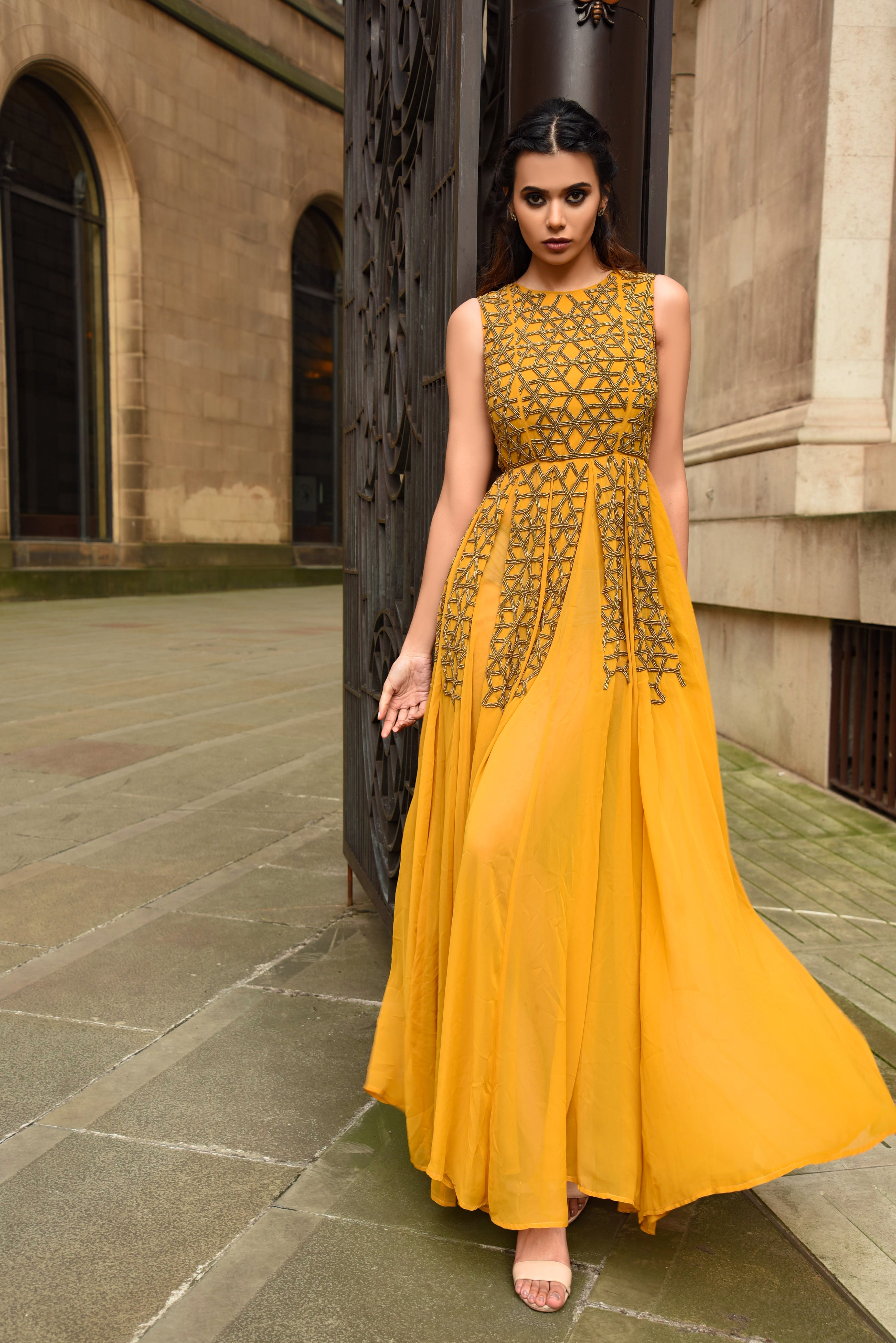 MEHRAULI BEADED MUSTARD DRESS - Aarabhi