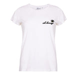 White basic organic cotton t-shirt with black embroidered text saying oh hey and bee embroidery design