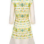 Back view of sheer embroidered fitted tulle dress with sleeves